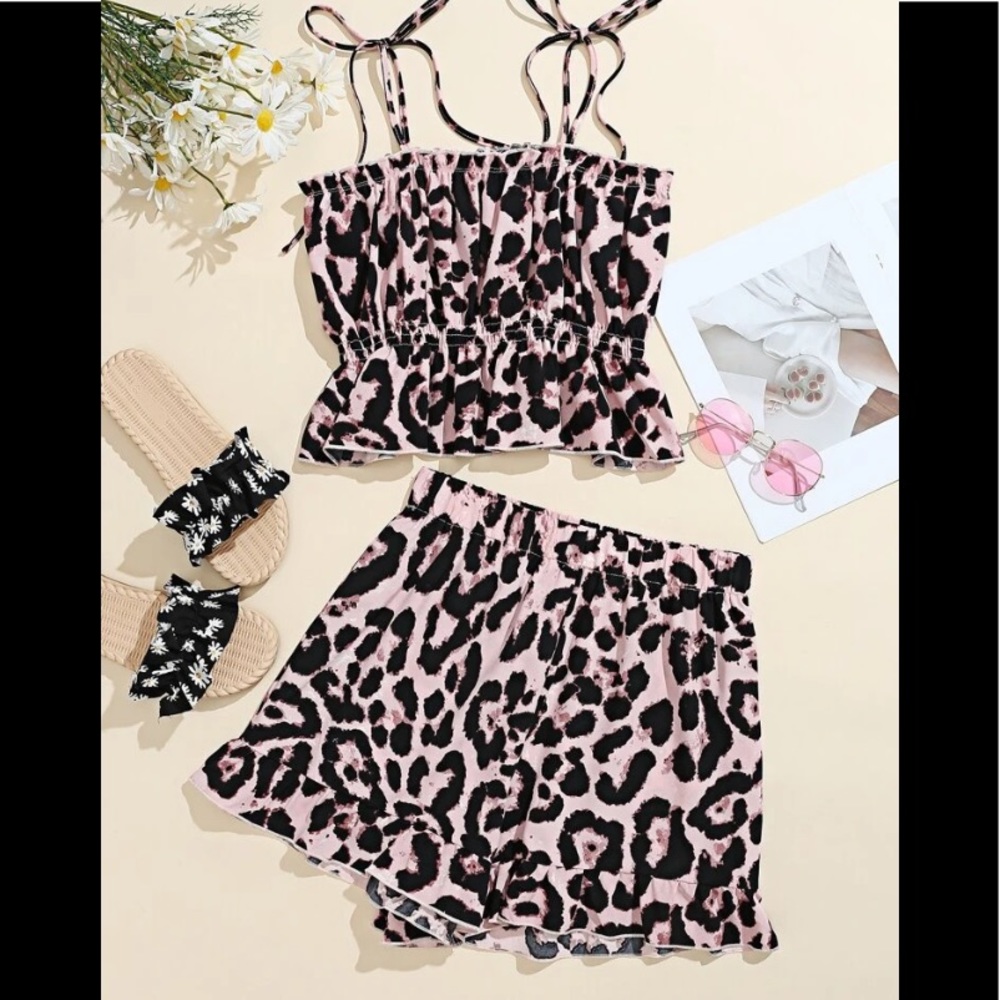 Leopard Print Ruffle Hem Cami Top & Shorts